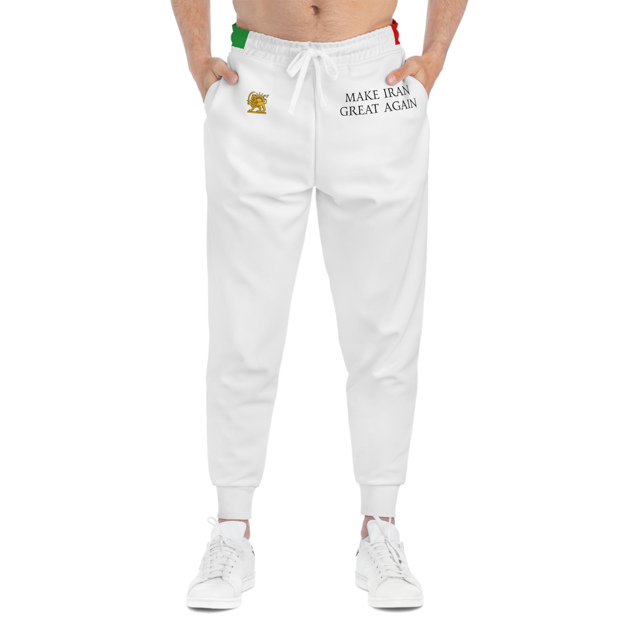 Make Iran Great Again Athletic Joggers — White Flag & Slogan Sweatpants
